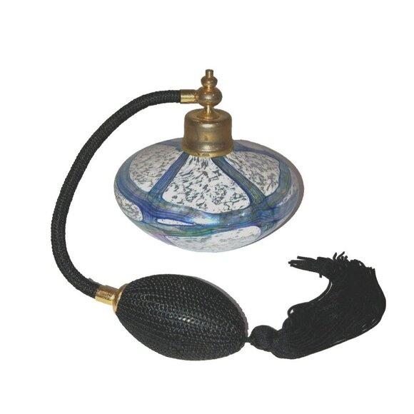 Vintage Art Glass Perfume Scent Bottle Blue White Design with Atomizer - Picture 1 of 9